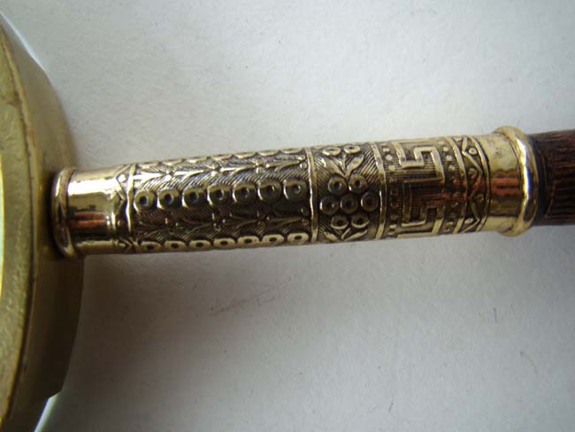 An antique English Magnifying Glass with carved wooden handle and brass mounts — image 2